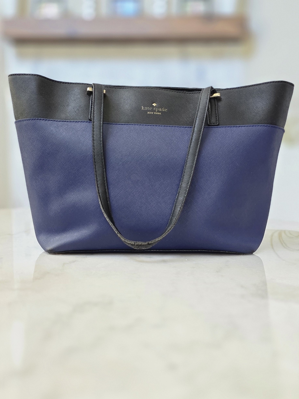 Kate Spade Cedar Street Small Harmony Tote Navy Black Colorblock Leather.